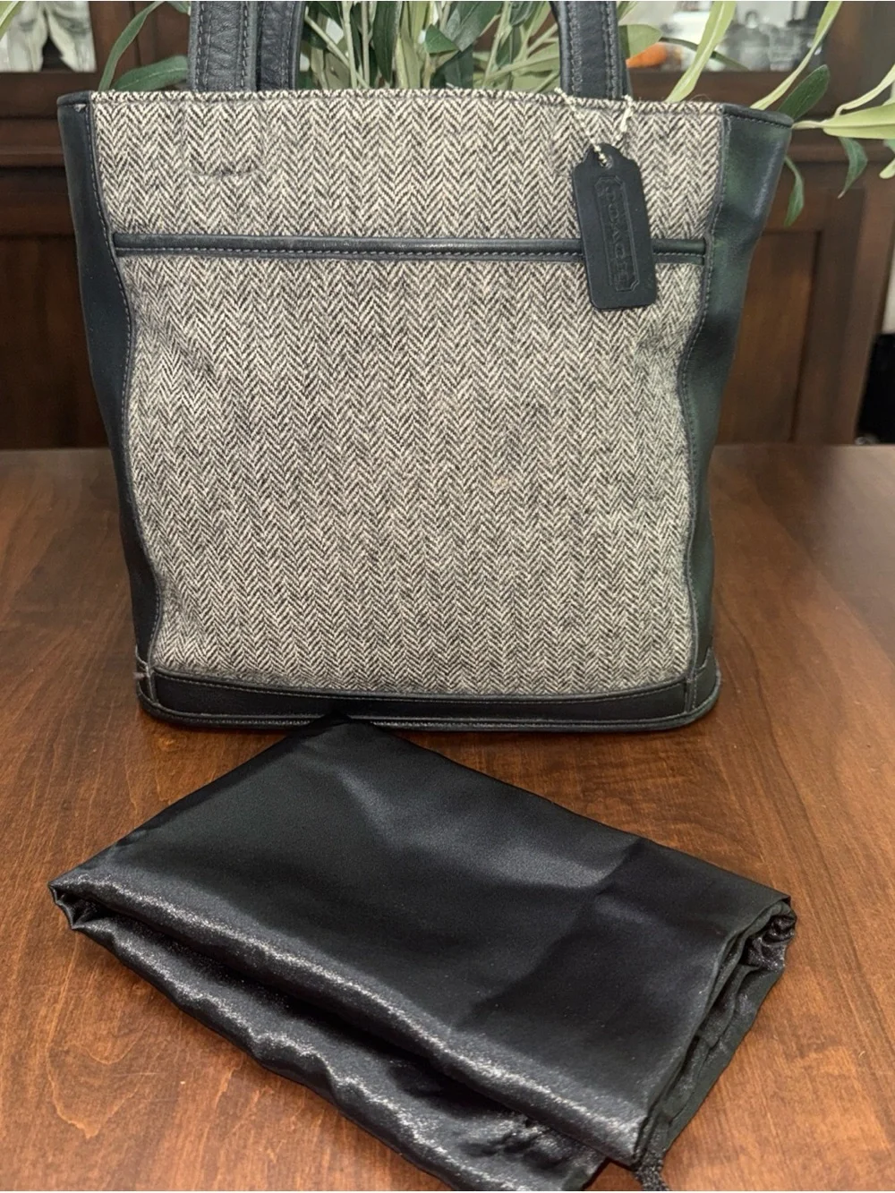 Coach Bleeker Leather-Trim Herringbone Tote Bag - Black & Gray